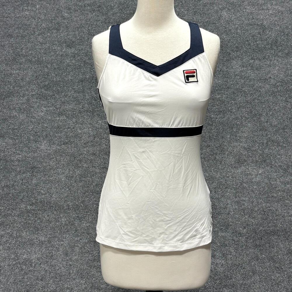 Fila Tank Top Womens Small White Navy V Neck Tennis Colorblock Stretch Shirt